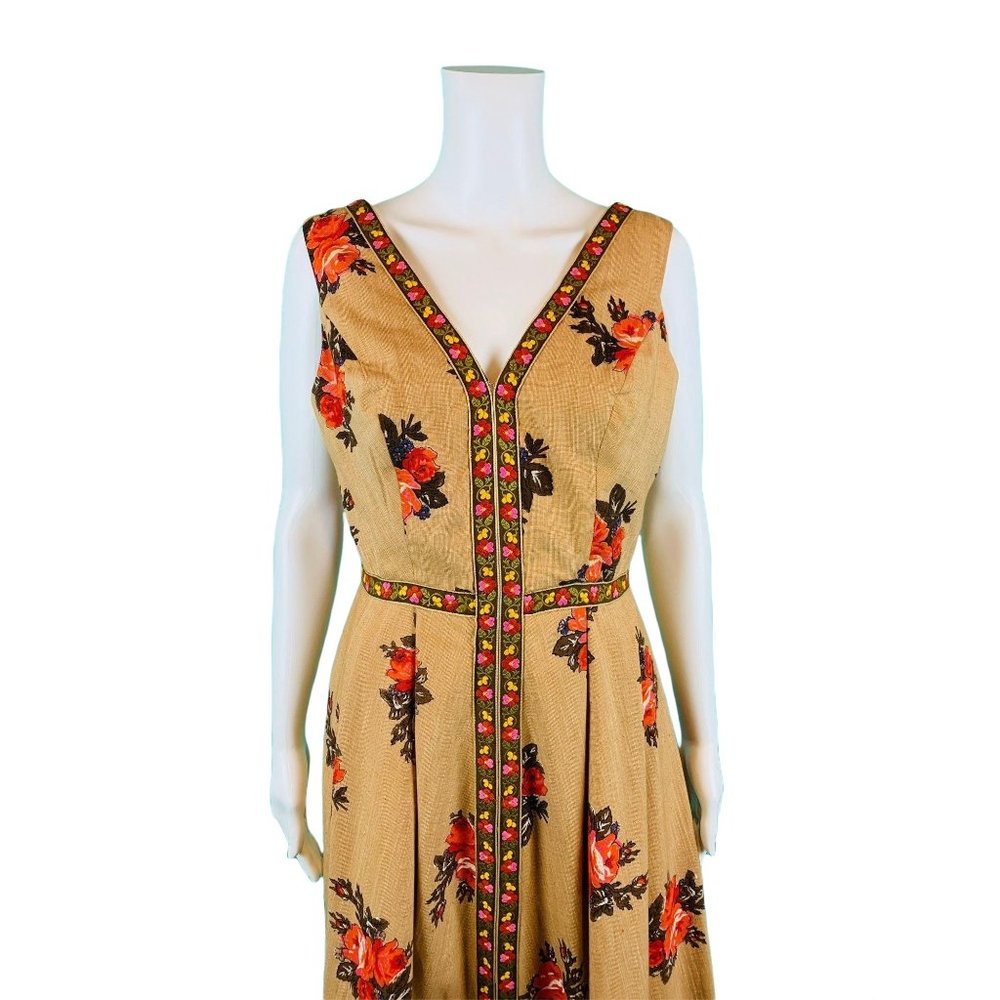 Vintage 70s Maxi Dress Womens Small Floral Rose Print V-neck Lanzillotti Boho